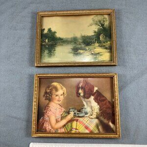 2 Vintage Art Prints in Gilt Wood Frames 1930s 4" x 7"